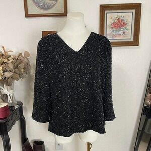 Elegant Vintage 1990s Black Beaded V-Neck Dressbarn Top